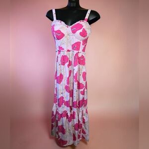 Band Of The Free Floral Pink Bustier Smocked Layered Ruffled Maxi Dress Size S